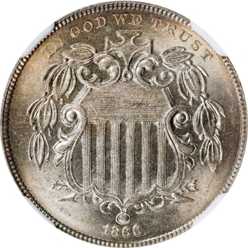 1866/866 5C Repunched Date Shield Nickel W/Rays NGC MS65, Top Pop