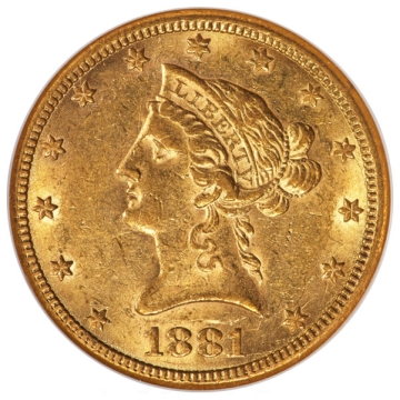 1881-CC $10 AU50 NGC. Gold CAC. Variety 1-A. Underrated.