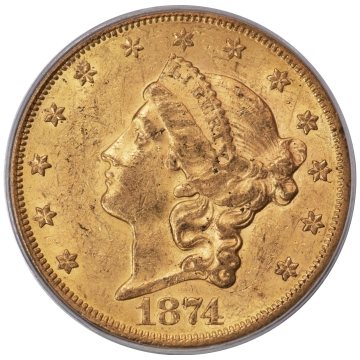 1874-CC $20 Liberty Head Double Eagle. Variety 2-A. PCGS AU58