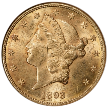 1893-CC Liberty Double Eagle Type 3. Variety 2-A. $20 CACG MS6, new photos coming