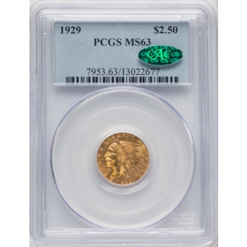 1929 $2.50 Indian Head PCGS MS63, (CAC), Great Color