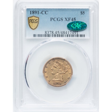 1891-CC $5 Liberty Head Half Eagle PCGS XF45, (CAC)