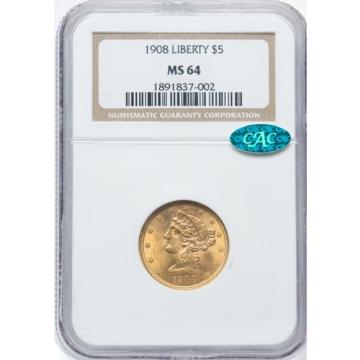 1908 Half Eagle - Motto $5 NGC MS64, (CAC) 