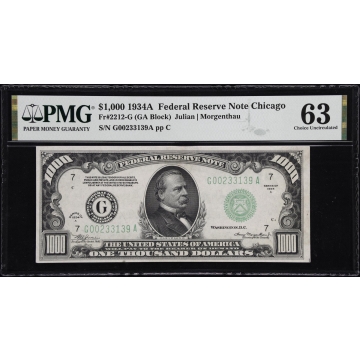 Fr. 2212-G. 1934A $1000 Federal Reserve Note. Chicago. PMG Choice Uncirculated 63.