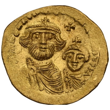 Heraclius (AD 610-641), with Heraclius Constantine. AV solidus (20mm, 4.49 gm, 8h). NGC MS 3/5 - 5/5. Constantinople, 5th officina, ca. AD 616-625. 