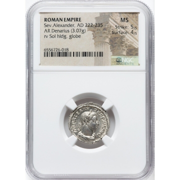 Severus Alexander (AD 222-235). AR denarius (19mm, 3.07 gm, 11h). NGC MS 5/5 - 4/5