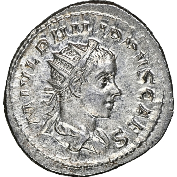 Philip II, as Caesar (AD 247-249). AR antoninianus (24mm, 4.20 gm, 7h). NGC MS 5/5 - 4/5