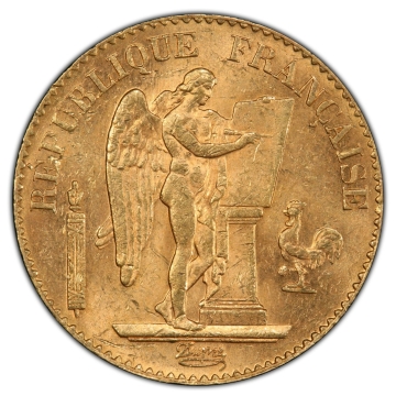 Republic gold 20 Francs 1889-A MS63 PCGS