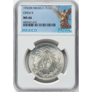 1932M MEXICO OPEN 9 PESO NGC MS64