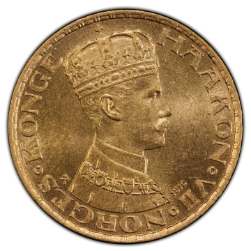 Haakon VII gold 10 Kroner 1910 MS63 PCGS, Kongsberg mint, KM375, ABH-2, Fr-20. One year type.