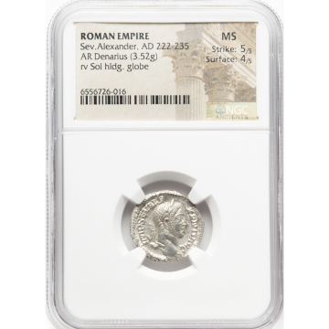 Severus Alexander, as Augustus (AD 222-235). AR denarius (18mm, 3.52 gm, 12h). NGC MS 5/5 - 4/5. 