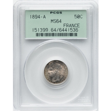 1894-A 50C 50 Centimes (1/2 Franc) - T PCGS MS64 (OGH)