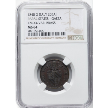 18488 G Italy 20BAI Papal States- Gaeta KM-X4 Var Brass NGC MS64