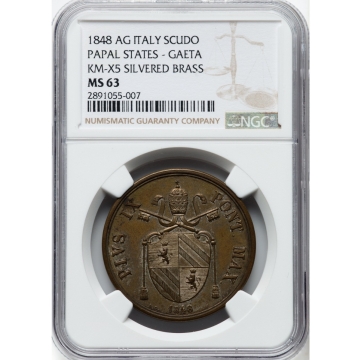 1848 AG Italy Scudo Papal States-Gaeta KM-XX5 Silvered Brass NGC MS 63 Top Pop Out of Only 3 Known 