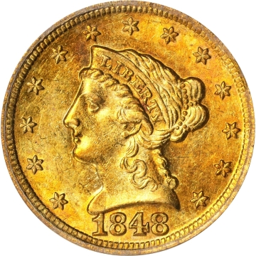 1848-D Liberty Head Quarter Eagle. Winter 10-O. AU-53 (PCGS). Gold CAC. OGH.