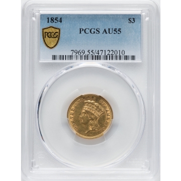 1854 $3 Three Dollar PCGS AU55