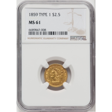 1859 $2 1/2 Old Reverse, Type One, MS61 NGC.