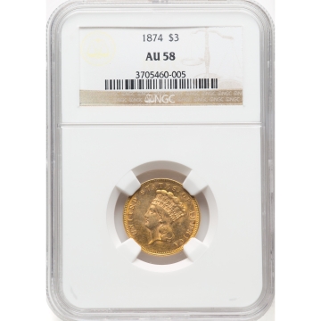 1874 Three Dollar $3 NGC AU58