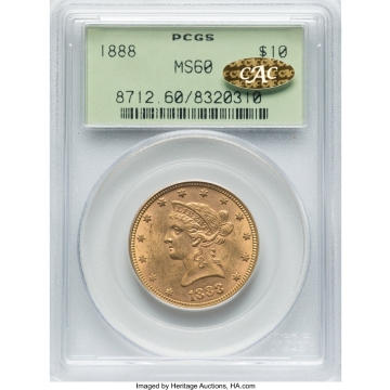 1888 $10 Liberty Head Eagle PCGS MS60 (CAC Gold) 