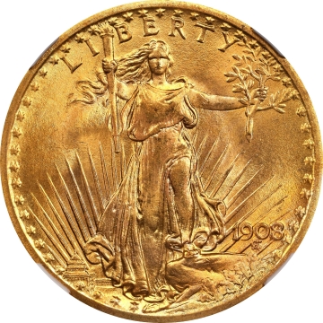 1908 NO MOTTO Saint-Gaudens Double Eagle $20 NGC MS67+