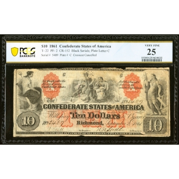 T22 $10 1861 PF-2 Cr. 152 PCGS Banknote Very Fine 25. CC.