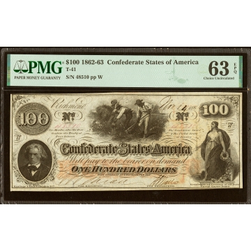 T41 $100 1862 PF-26 Cr. UNL PMG Choice Uncirculated 63 EPQ.