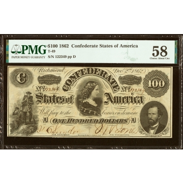 T49 $100 1862 PF-2 Cr. 348 PMG Choice About Unc 58.