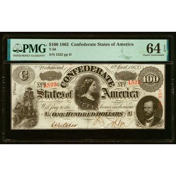 T56 $100 1863 PF-1 Cr. 403 PMG Choice Uncirculated 64 EPQ.