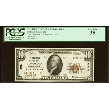 Townsend, MA - $10 1929 Ty. 2 The Townsend National Bank Ch. # 805 PCGS Very Fine 35.