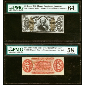 Fr. 1324SP 50¢ Third Issue Narrow Margin Pair PMG Choice Uncirculated 64 & PMG Choice About Unc 58.