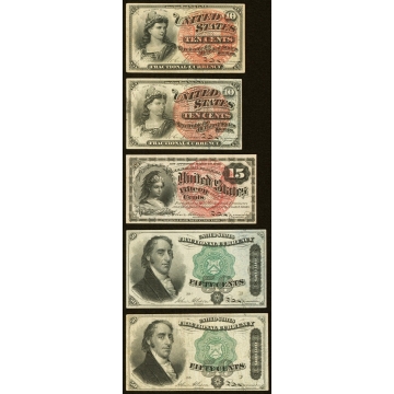 Fr. 1257 10¢ Fourth Issue About New; Fr. 1261 10¢ Fourth Issue Extremely Fine; Fr. 1267 15¢ Fourth Issue Very Fine-Extremely Fine; Fr. 1379 50¢ Fourth Issue Dexter (2) Very Fine-Extremely Fine (2).