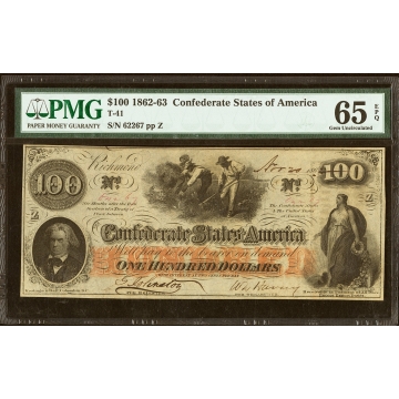 T41 $100 1862 PF-11 Cr. 319A PMG Gem Uncirculated 65 EPQ.