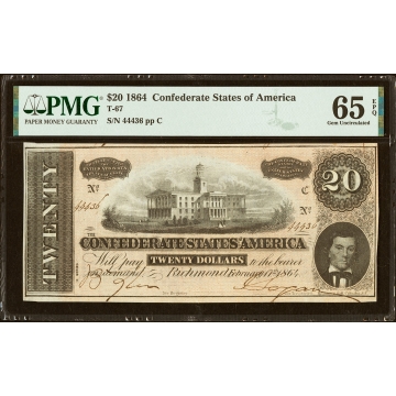 T67 $20 1864 PF-14 Cr. 514 PMG Gem Uncirculated 65 EPQ.