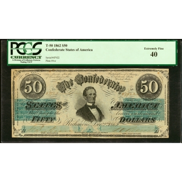 T50 $50 1862 PCGS Extremely Fine 40.