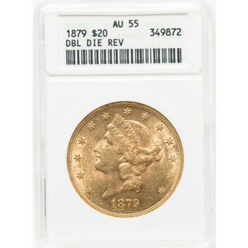 1879 $20 Doubled Die Reverse AU55 ANACS.