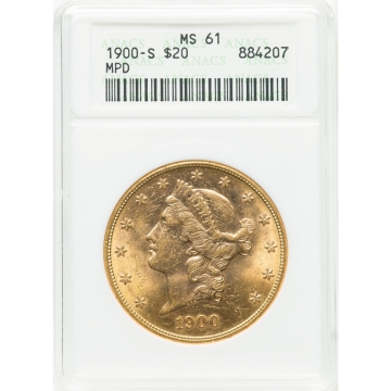 1900-S $20 Misplaced Date MS61 ANACS. 