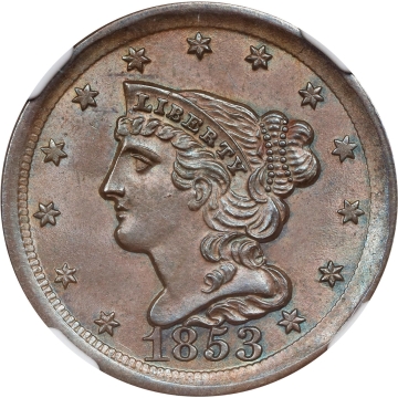 1853 Coronet, Braided Hair Half Cent C-1, the only known dies. Rarity-1. 1/2C NGC MS65BN (CAC)