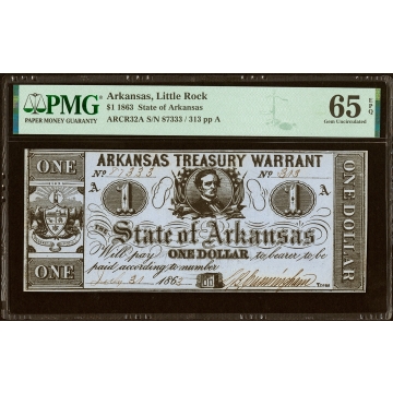 Little Rock, AR- State of Arkansas $1 July 31, 1863 Cr. 32A PMG Gem Uncirculated 65 EPQ.