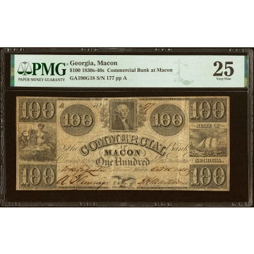 Macon, GA- Commercial Bank at Macon $100 Oct. 15, 1845 G18 PMG Very Fine 25.