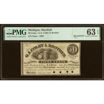 Marshall, MI- G.A. Colby & Brother 50¢ Nov. 1, 1862 Lee MAS-2-4 Remainder PMG Choice Uncirculated 63 EPQ, 4 POCs.