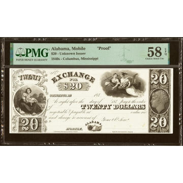 Columbus, MS- Unknown Issuer $20 Exchange Certificate 184__ Kraus 42105p Proof PMG Choice About Unc 58 EPQ, 3 POCs.