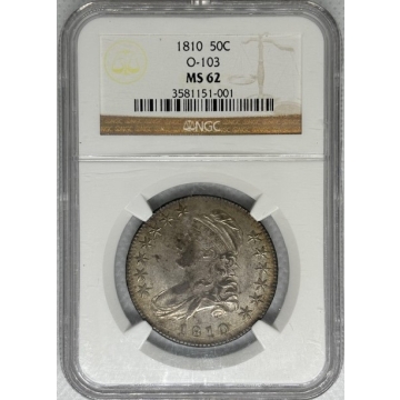 1810 Capped Bust, Lettered Edge O-103 50C NGC MS62, Top Pop in the O-103 Variant, Highest Grade in NGC