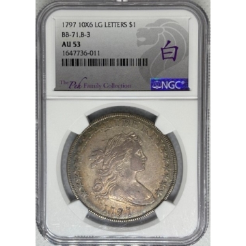 1797 10X6 LG LETTERS Draped Bust, Sm Eagle BB-71,B-3 S$1 NGC AU53