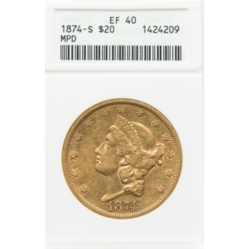 1874-S $20 Misplaced Date, MPD-001, XF40 ANACS. 