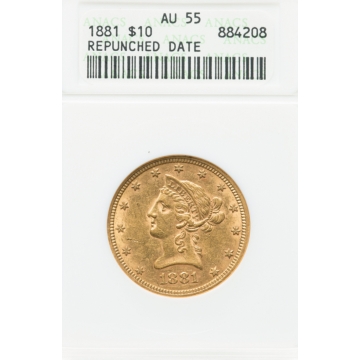 1881 $10 Repunched Date, MPD-001, AU55 ANACS. 